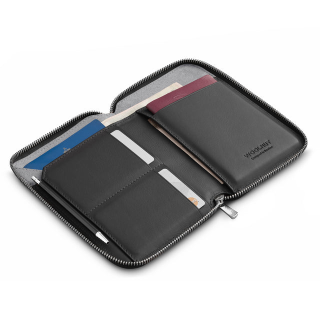 WOOLNUT Travel Folio passport organizer boarding pass cards airline ticket wallet travel accessories leather black