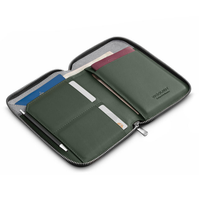WOOLNUT Travel Folio passport organizer boarding pass cards airline ticket wallet travel accessories leather green