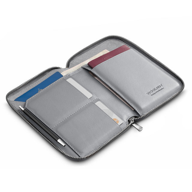 WOOLNUT Travel Folio passport organizer boarding pass cards airline ticket wallet travel accessories leather grey