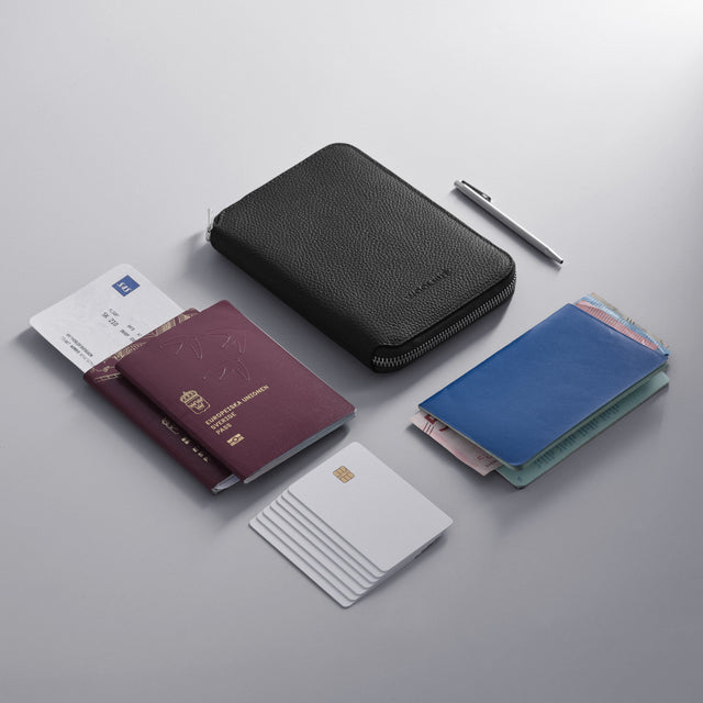 WOOLNUT travel cover case organizer folio passport boarding cards cash black leather
