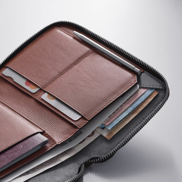 WOOLNUT Premium leather passport wallet designed to organize travel documents, boarding passes, cards, and currency cognac leather