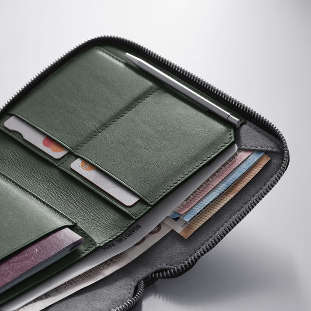 WOOLNUT Premium leather passport wallet designed to organize travel documents, boarding passes, cards, and currency green leather