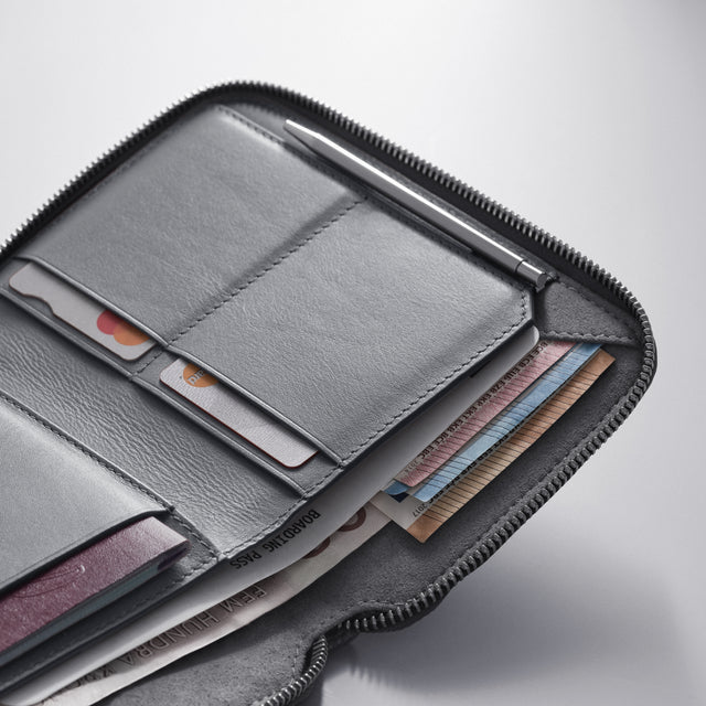 WOOLNUT Premium leather passport wallet designed to organize travel documents, boarding passes, cards, and currency grey leather
