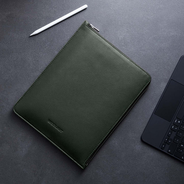 woolnut slim travel ipad sleeve case with zipper in leather green