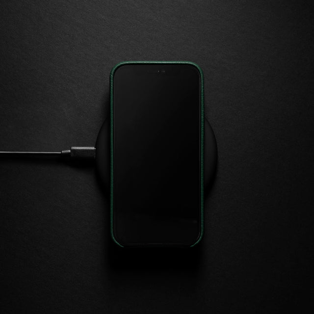 woolnut iphone 12 leather case in green wireless charging